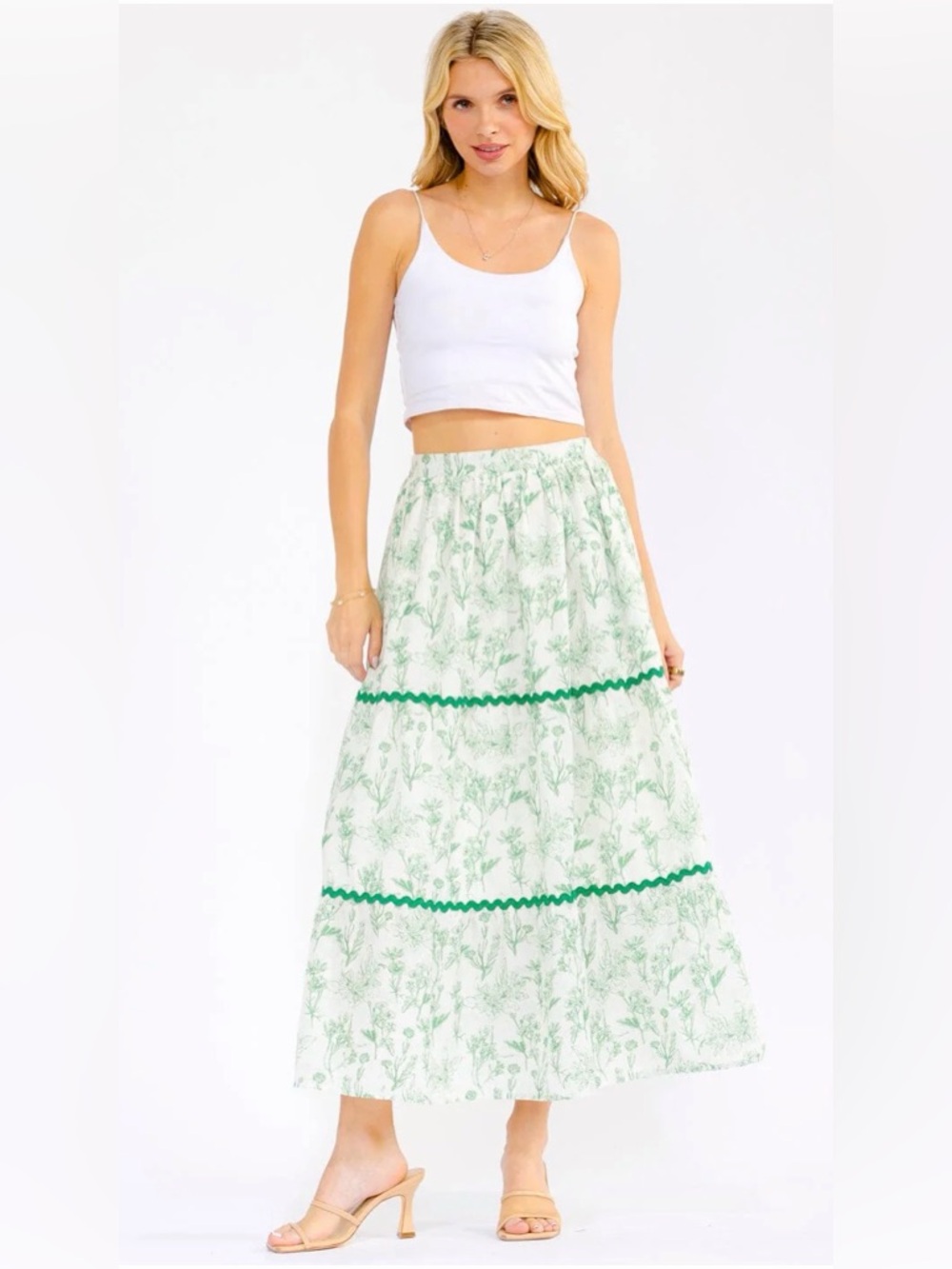 Light Green Floral Maxi Skirt with Trim NWOT
